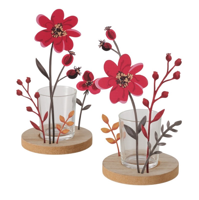 Portacandele in vetro con rosa canina in metallo su base di legno in 2 varianti assortite, perfetto come decoro autunnale